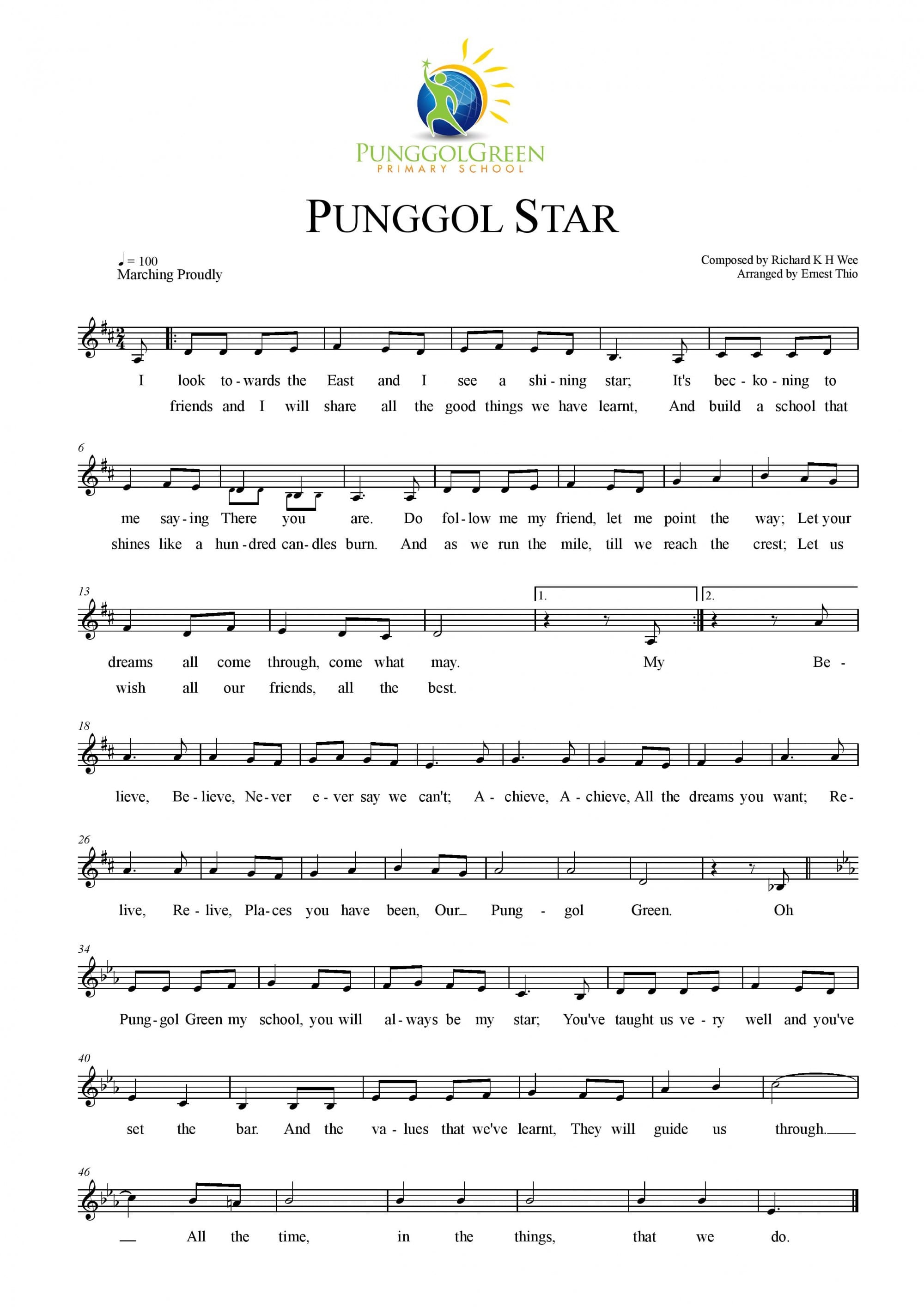 Sheet music for "Punggol Star," a school song for Punggol Green Primary School, with lyrics and notation.